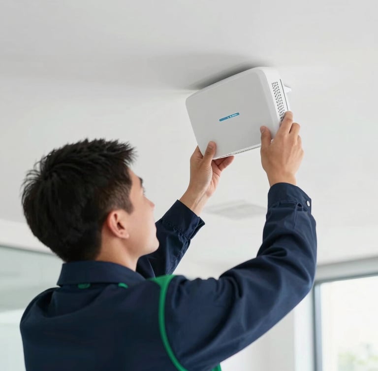 A professional technician in a clean corporate uniform mounting a sleek white wireless access point on an office ceiling, bright daylight, professional environment.