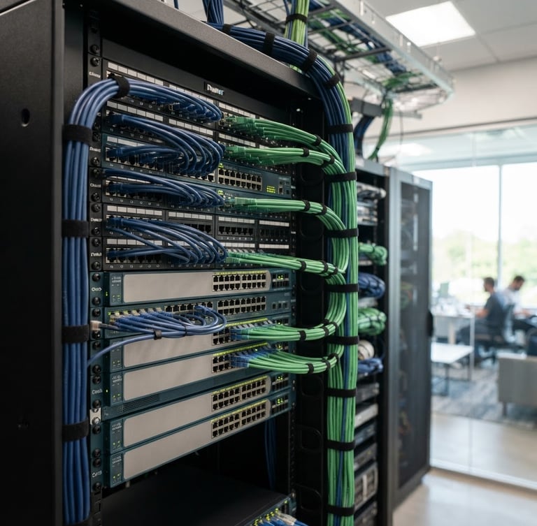 A close-up of a neatly organized server rack with clean blue and green ethernet cabling in a bright, modern Mt. Juliet office, natural daylight.