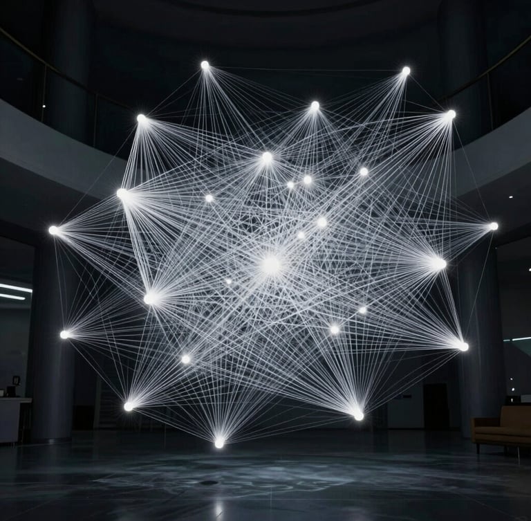 Abstract high-dimensional vector network mapping complex data flows, cool clinical architectural lighting, deep shadows, high contrast