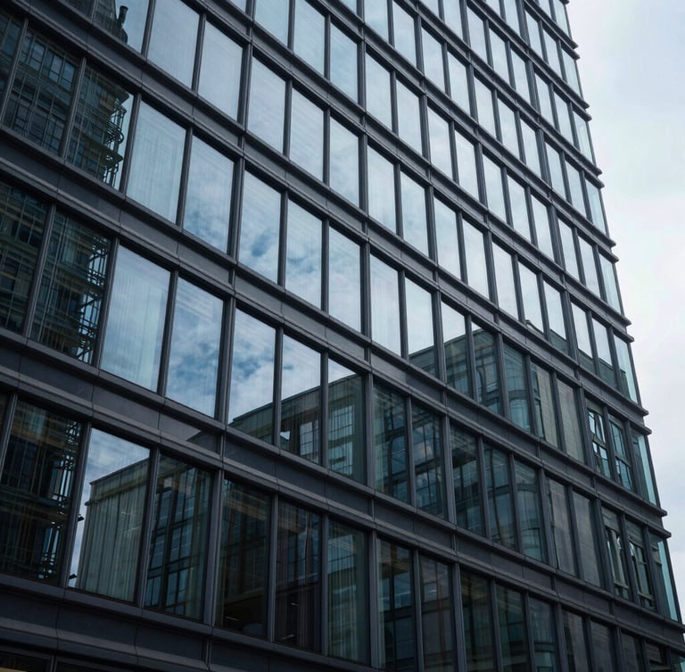 Wide architectural glass facade of a modern corporate headquarters, sharp geometric reflections, cool clinical lighting, deep blue shadows, high contrast.