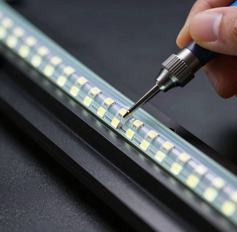 Macro close-up of a high-density cyan LED neon flex tube being mounted onto a black aluminum channel, precise hand holding a technical tool, bright uniform illumination, dark industrial background.