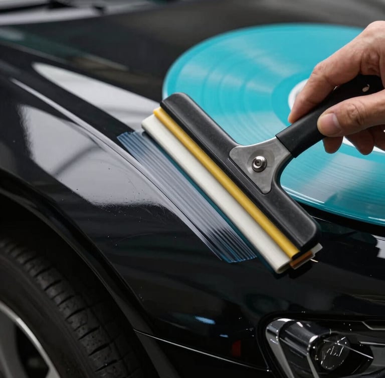 Macro close-up of cyan vinyl film being perfectly applied with a squeegee onto the deep curve of a black vehicle fender, high-contrast lighting highlighting the flawless edge