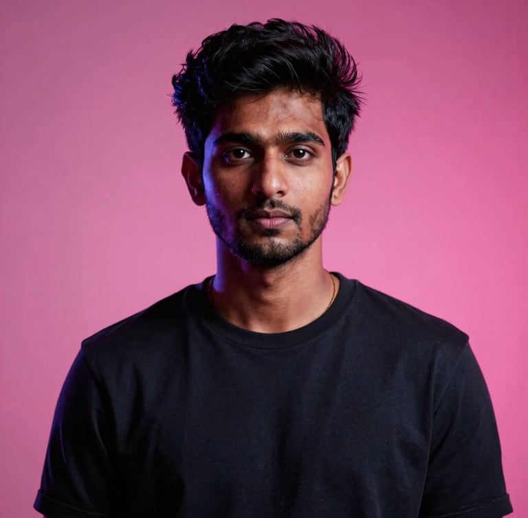 Cinematic studio portrait of Aniket, a young Indian male creative director, moody high-contrast lighting, neon pink backlight, sharp details, 35mm.