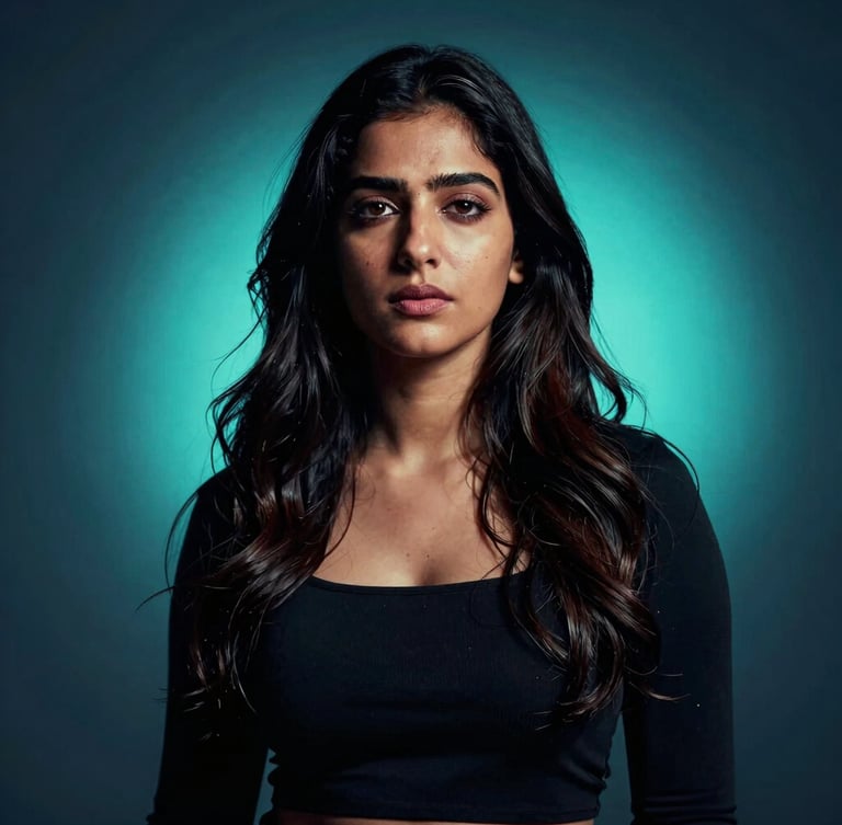 Cinematic studio portrait of Khushi, a young Indian female creative storyteller, dramatic high-contrast lighting, neon cyan backlight, sharp details, 35mm.