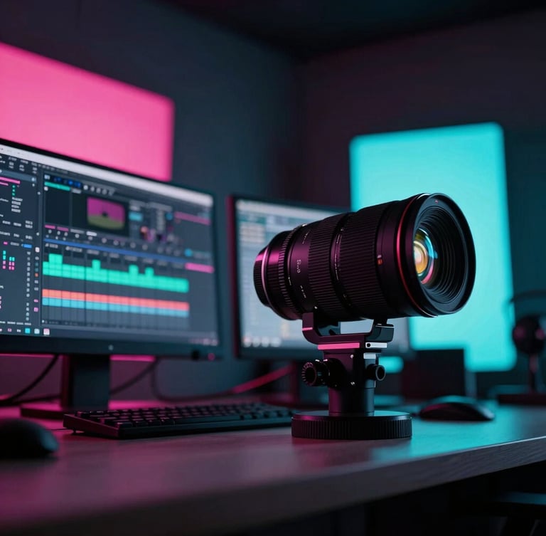 Cinematic low-angle shot of a creative studio editing suite, dark ambient lighting with hot pink and neon cyan backlights shining on professional monitors, 35mm lens