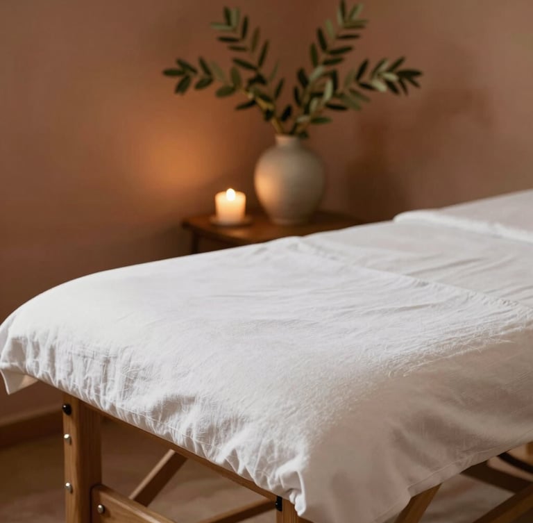Warm, editorial photography of a wooden massage table with clean white linen, soft indirect light from a candle, olive green branch in a ceramic vase in the background, shallow depth of field, 35mm