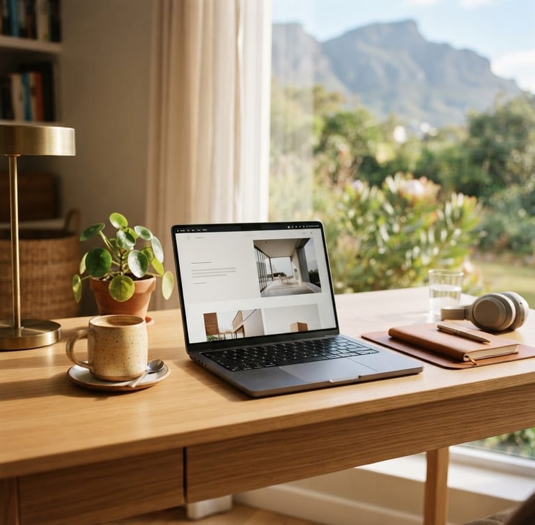 A clean, sunlit home office desk in South Africa with a laptop displaying a modern website, a coffee mug, and warm morning light.