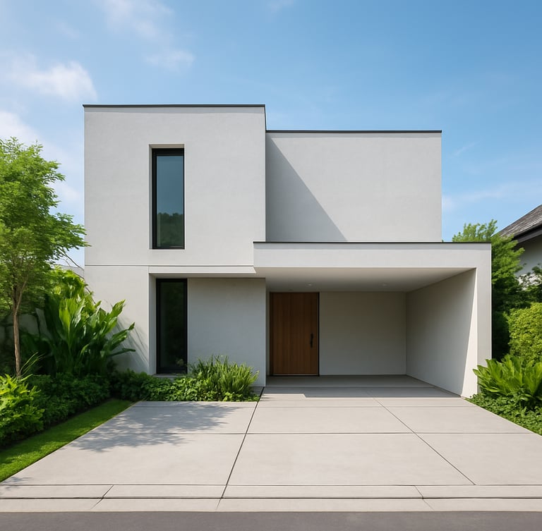 Bright architectural photo of a modern minimalist house exterior in Depok, clean concrete driveway, green plants, realistic natural daylight, wide-angle lens