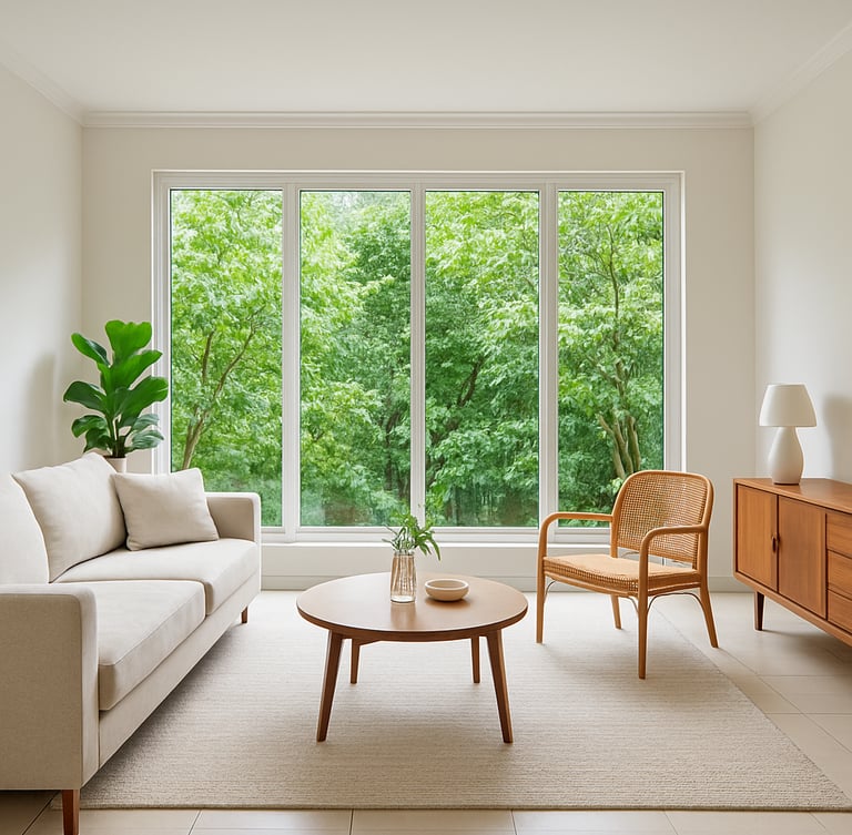 Wide-angle interior photography of a bright living room in Depok, large windows showing green leaves outside, clean realistic colors, sharp focus