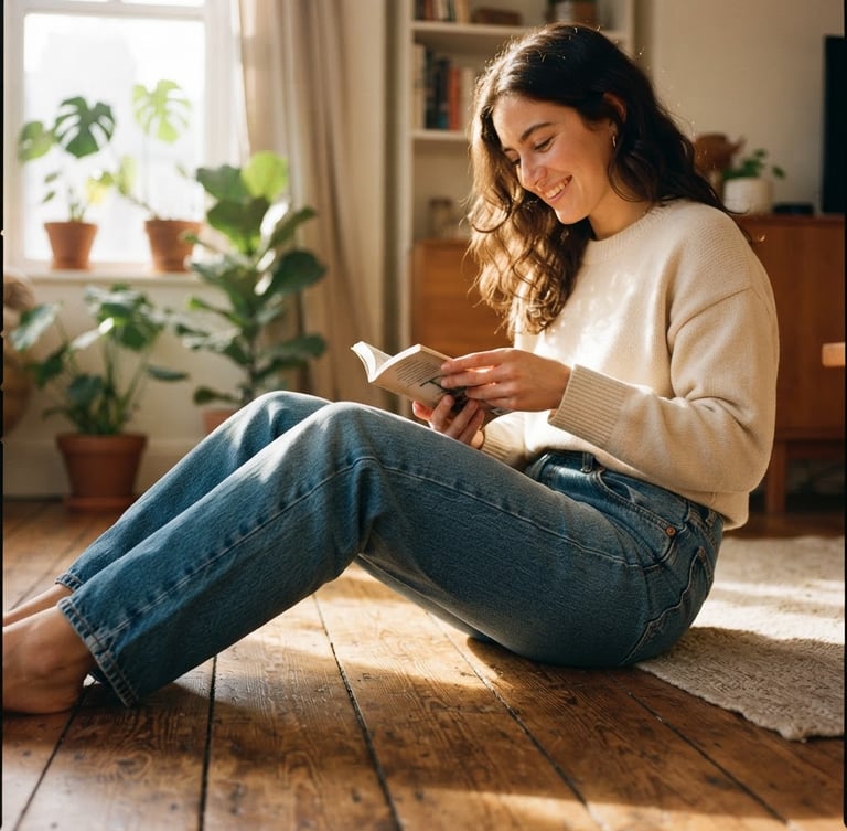 Warm golden-hour lifestyle shot of a person sitting on a sunny wooden floor, wearing relaxed-fit blue jeans, soft side-lighting, rich denim texture visible, 35mm film style