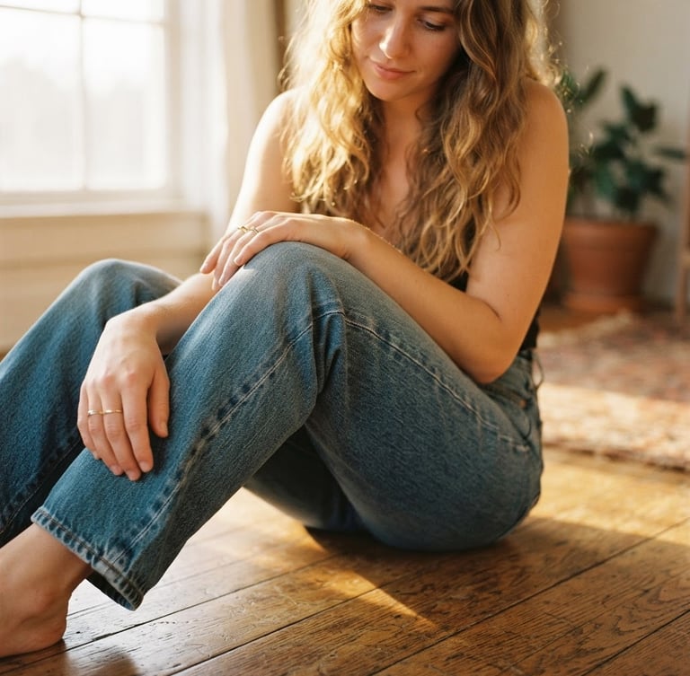 Close-up portrait of a person sitting on a sunlit wooden floor, wearing relaxed-fit blue jeans, warm golden-hour light streaming in, focusing on the soft texture of the denim, 35mm film style.