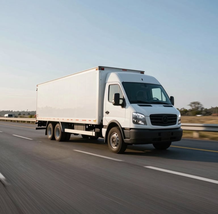 Wide-angle highway shot of a clean white commercial dry van truck driving on an open interstate under a crisp morning sky, high-contrast daylight, dynamic motion blur on the road.