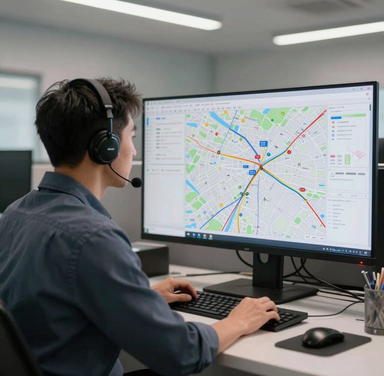 A professional dispatcher in a logistics office analyzing multi-screen route maps under clean modern lighting.