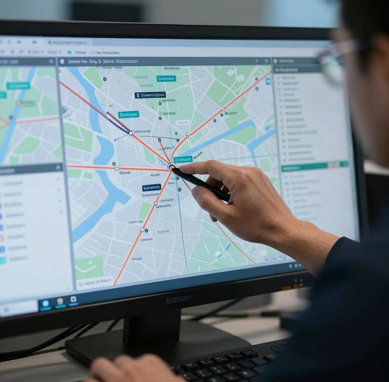 Close-up of a dispatcher's hands plotting routes on a multi-screen digital map display, soft blue light, professional logistics environment.