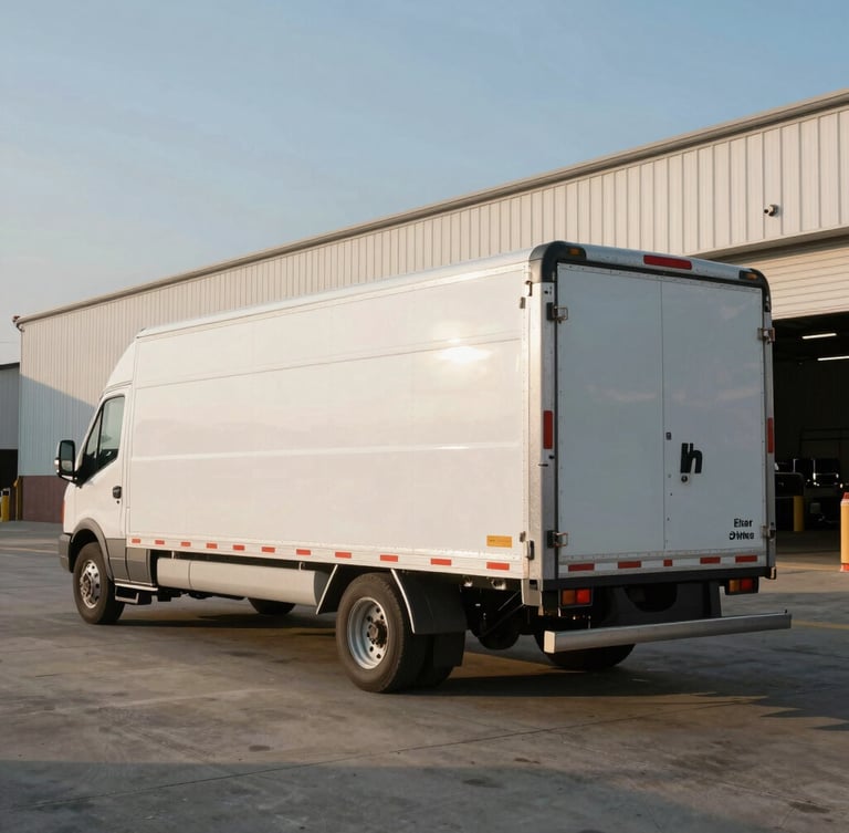 Wide portrait shot of a dry van trailer parked at an Antioch Tennessee warehouse dock under crisp early morning light, clean lines, high-contrast shadows, no people.