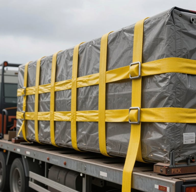 A close-up of heavy-duty yellow cargo straps securing commercial freight on a flatbed trailer, overcast highway sky in the background.