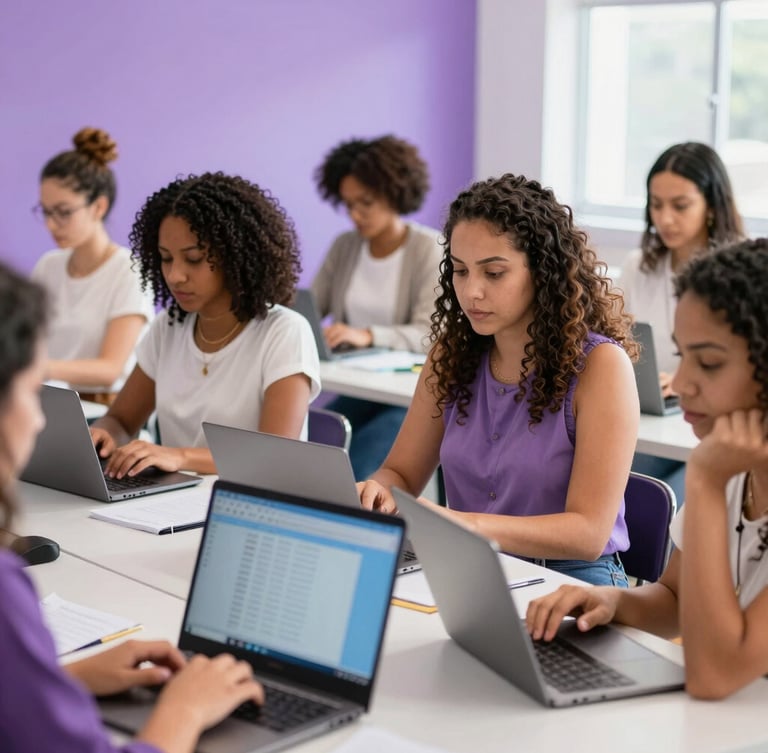 A diverse group of Brazilian women collaborating over laptops in a brightly lit modern classroom, soft purple tones, authentic learning environment
