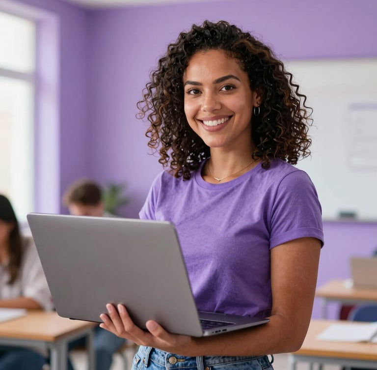 Medium portrait shot of a confident Brazilian woman smiling, holding a laptop in a bright, modern learning studio with soft purple tones in the background.