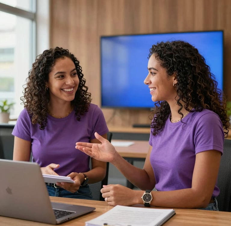 Medium shot of two Brazilian female instructors smiling and discussing a tech curriculum in a warm, modern office, natural daylight