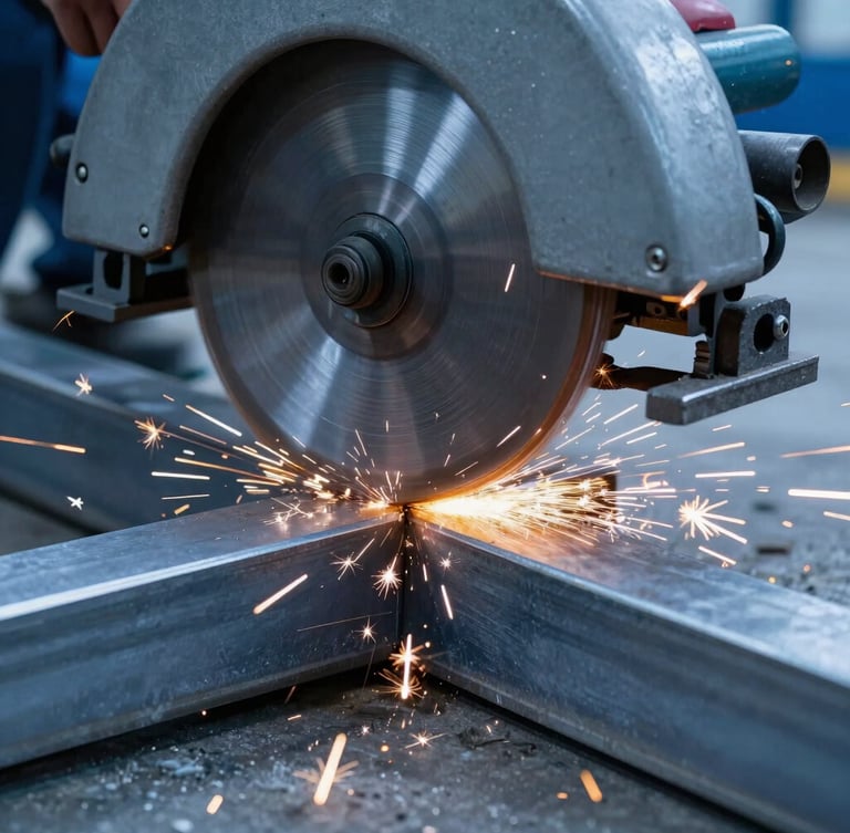 Macro close-up of a high-speed industrial circular saw cutting through a thick steel beam, bright sparks flying, sharp metallic textures, cool blue daylight.