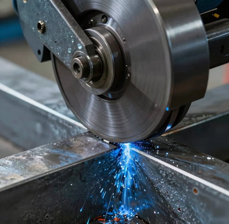 Macro close-up of an industrial band saw cutting through a thick steel profile, cool blue fluid spraying, sharp metallic edges, high contrast lighting