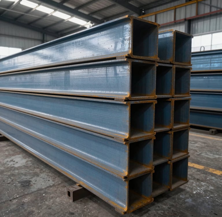 Wide-angle industrial shot of heavy steel beams stacked in a warehouse, cool daylight reflecting off metallic surfaces, sharp shadows, structural steel blue tones