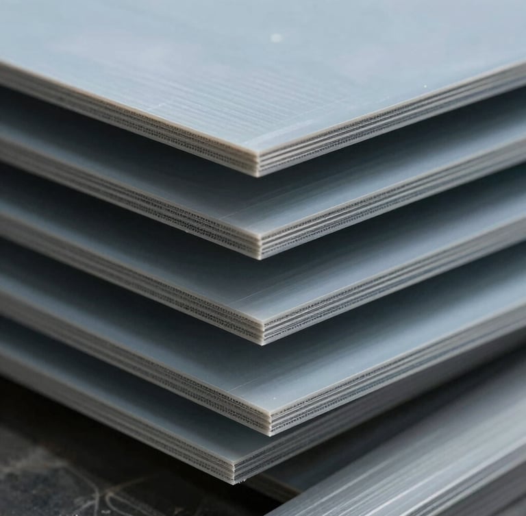 Macro close-up of stacked technical plastic sheets and semi-finished round rods in cool industrial daylight, showing precise cut edges and dense material structure.