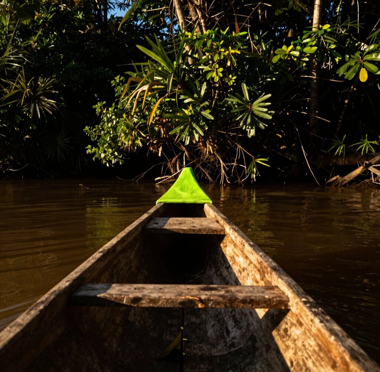 Raw close-up of a traditional wooden canoe on the Magdalena River, dense tropical vegetation, golden hour over the river, high-contrast dramatic sunlight, deep shadows, dynamic low-angle, 35mm lens