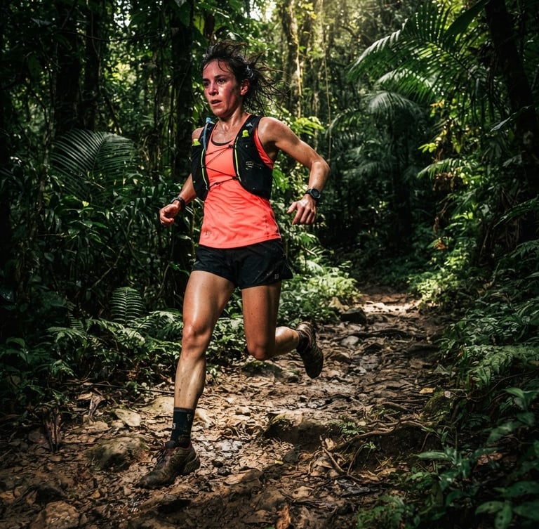 Trail runner in mid-stride on a dirt path, sweat and determination on their face, dense tropical vegetation in the background, high-contrast dramatic sunlight, low-angle dynamic action shot, cinematic action photography, 35mm lens.