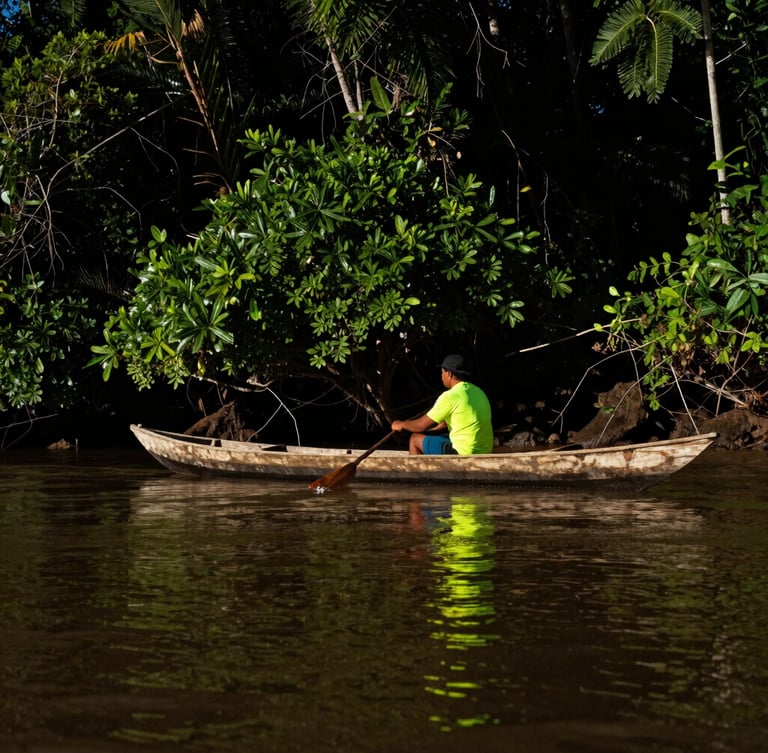 Portrait shot of a traditional wooden canoe on the Magdalena River, a local fisherman in the canoe, dense tropical vegetation on the river banks, high-contrast dramatic sunlight, deep shadows, low-angle, cinematic action photography.