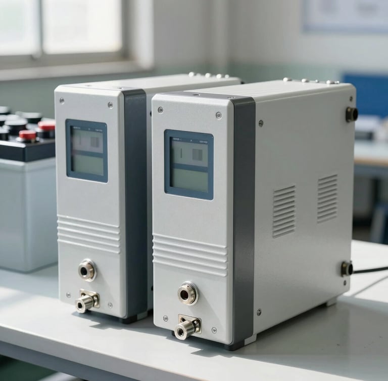 Industrial digital inverter unit side-by-side with a heavy-duty tubular battery in a clean workshop environment, bright natural daylight, sharp focus on metallic terminals