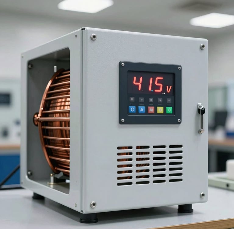 Straight-on technical shot of a heavy-duty industrial servo voltage stabilizer enclosure, copper coils visible through ventilation, digital LED readout displaying exactly 415V, bright workshop lighting, 50mm