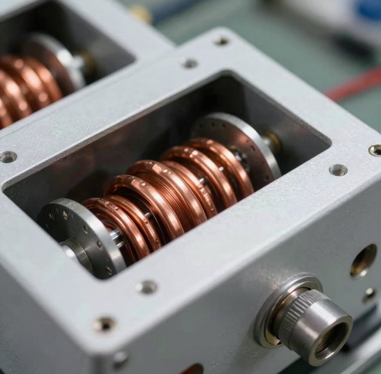 Close-up of copper coils inside a heavy-duty voltage stabilizer, bright workshop lighting, sharp focus on metallic details, industrial setting.