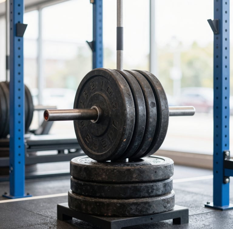 Crisp natural daylight inside a modern training facility, close-up of heavy steel barbell plates stacked on a clean rack, vibrant blue accents, sharp focus, 35mm