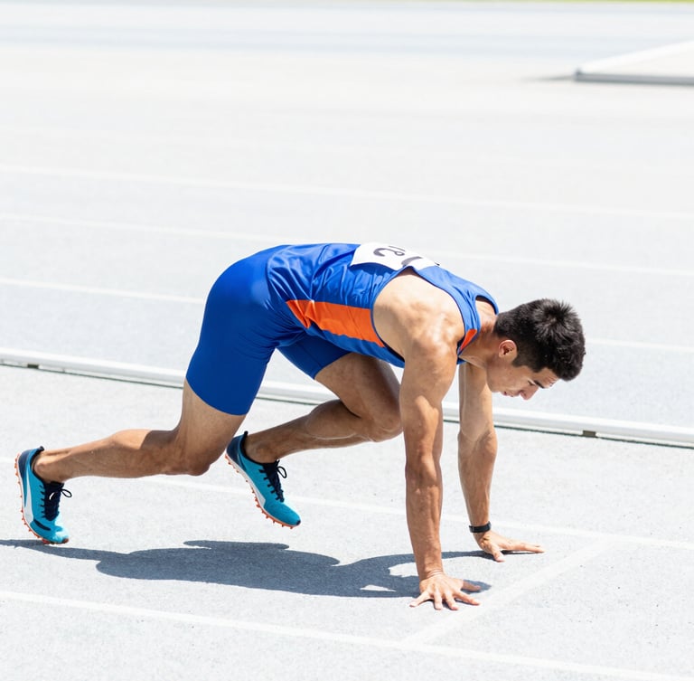 Bright high-key athletic photography, crisp natural daylight, a focused athlete preparing for a sprint on a clean track, dynamic side profile, sharp focus, 35mm