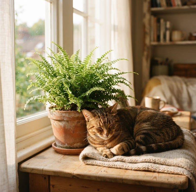 A sunlit interior scene with a healthy tabby cat resting peacefully next to a lush, vibrant Boston fern in a terracotta pot, soft morning window light, warm editorial 35mm photography