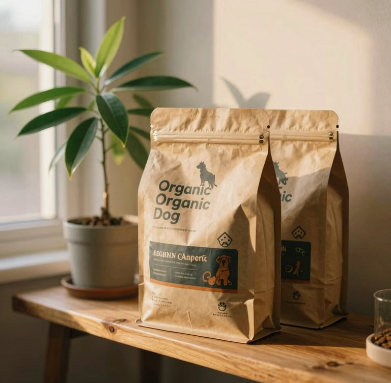 A close-up of beautifully packaged organic dog food in earthy paper bags sitting on a natural cedar wood shelf next to a small, thriving jade plant, soft golden-hour window light, warm editorial 35mm photography