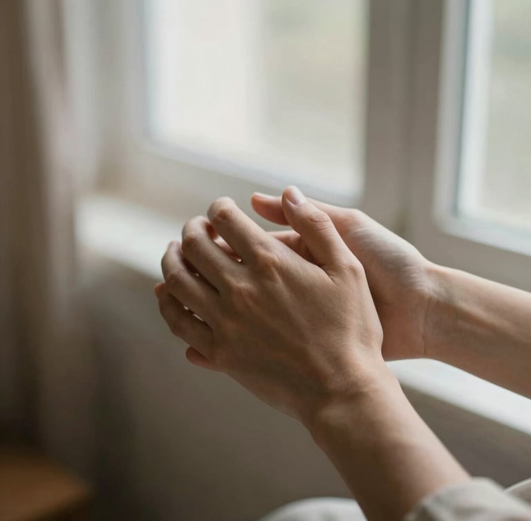 Close-up of two supportive hands clasped gently together, soft morning light filtering through a window, muted warm tones, shallow depth of field