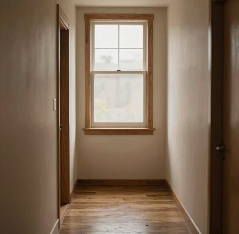 Soft diffused window light illuminating a quiet, peaceful wooden hallway, warm earthy tones, shallow depth of field, 35mm photography.