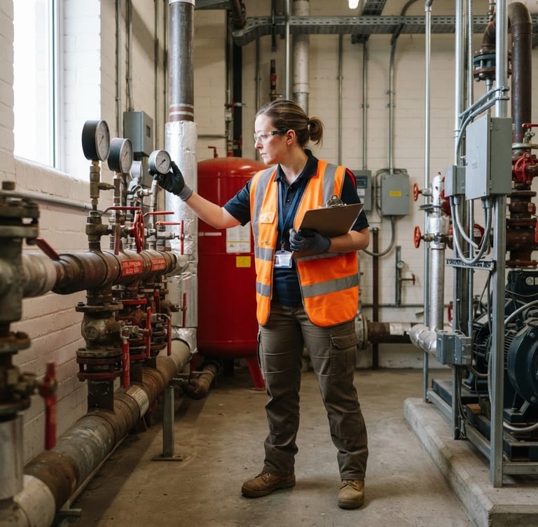 A technical fire safety inspector in a high-visibility vest examining industrial valves and pressure gauges in a brightly lit utility room, sharp focus, 35mm lens.