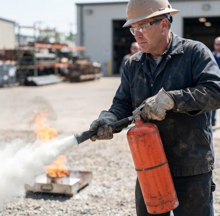 Close-up of a factory worker holding a heavy safety-orange fire extinguisher, spraying a controlled training flame outdoors, bright daylight, sharp focus, 35mm lens