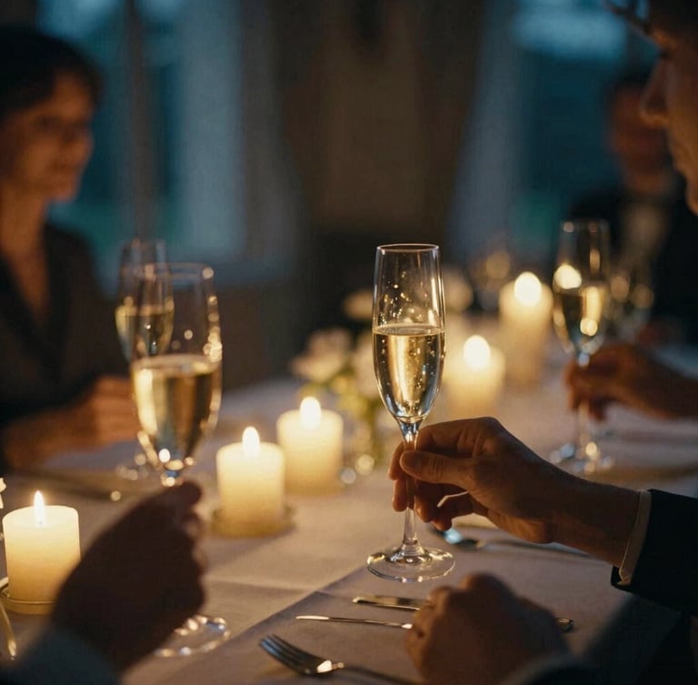 Cinematic 35mm photography of a candlelit table in a prestigious Auvergne estate, soft focus on hands holding champagne flutes, warm golden hour light, elegant evening ambiance