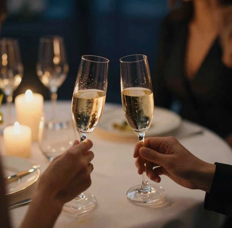 Elegant close-up of two people holding champagne flutes at a candlelit table, soft focus, warm golden hour lighting, refined evening attire, luxury editorial style