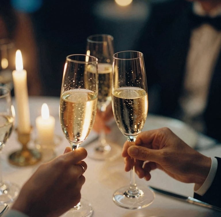 Close-up of hands holding champagne flutes at a candlelit table, warm golden hour, elegant evening ambiance, luxury editorial, 35mm film.