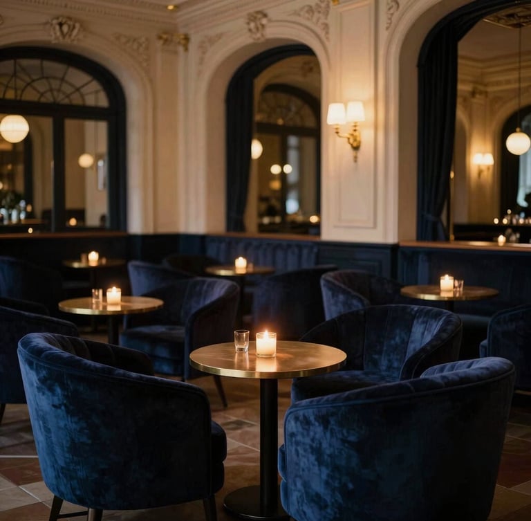 Atmospheric editorial shot of an elegant private hotel lounge in Clermont-Ferrand, soft velvet armchairs in low warm light, architectural details, quiet luxury feel