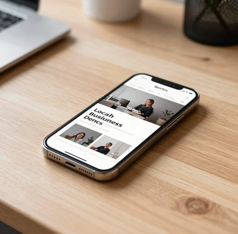 Straight-on close-up of a clean wooden desk in a Berlin studio, a modern smartphone showing a fast-loading local business website, bright natural morning light, minimal office background.