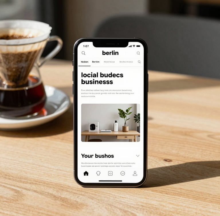 Straight-on clean mockup of a modern local business website displayed on a sleek mobile phone, resting on a light oak table next to a fresh cup of filter coffee, bright natural Berlin daylight.