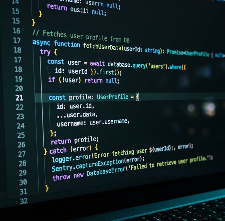 Macro close-up of a dark-mode IDE screen showing clean, high-contrast TypeScript code snippets with neon electric blue and green syntax highlighting, shallow depth of field