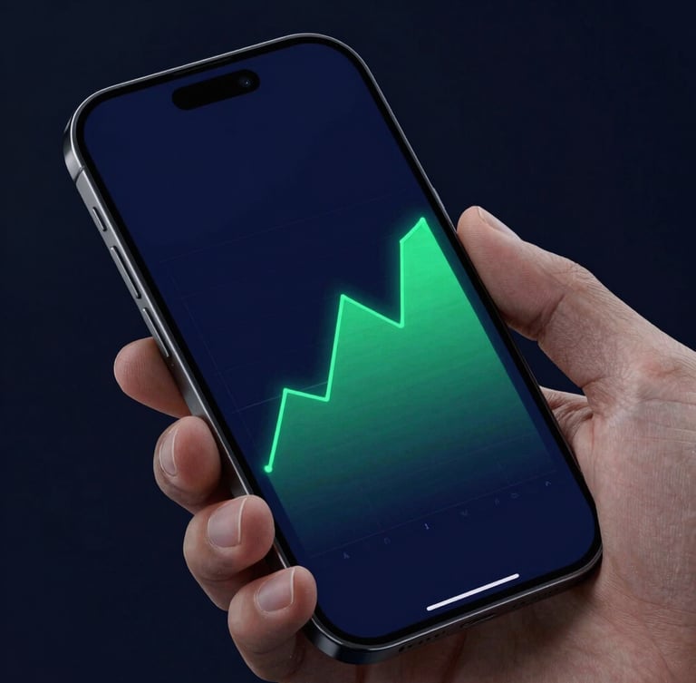 Macro close-up of a hand holding a sleek mobile phone displaying a high-fidelity dark-mode interface with neon green graphs, sharp focus, dark background