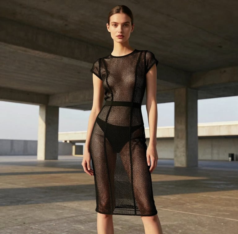 Elegant model in a structured mesh dress standing in a minimalist concrete port terminal, soft golden hour daylight, clean architectural lines, high-contrast editorial fashion photography.